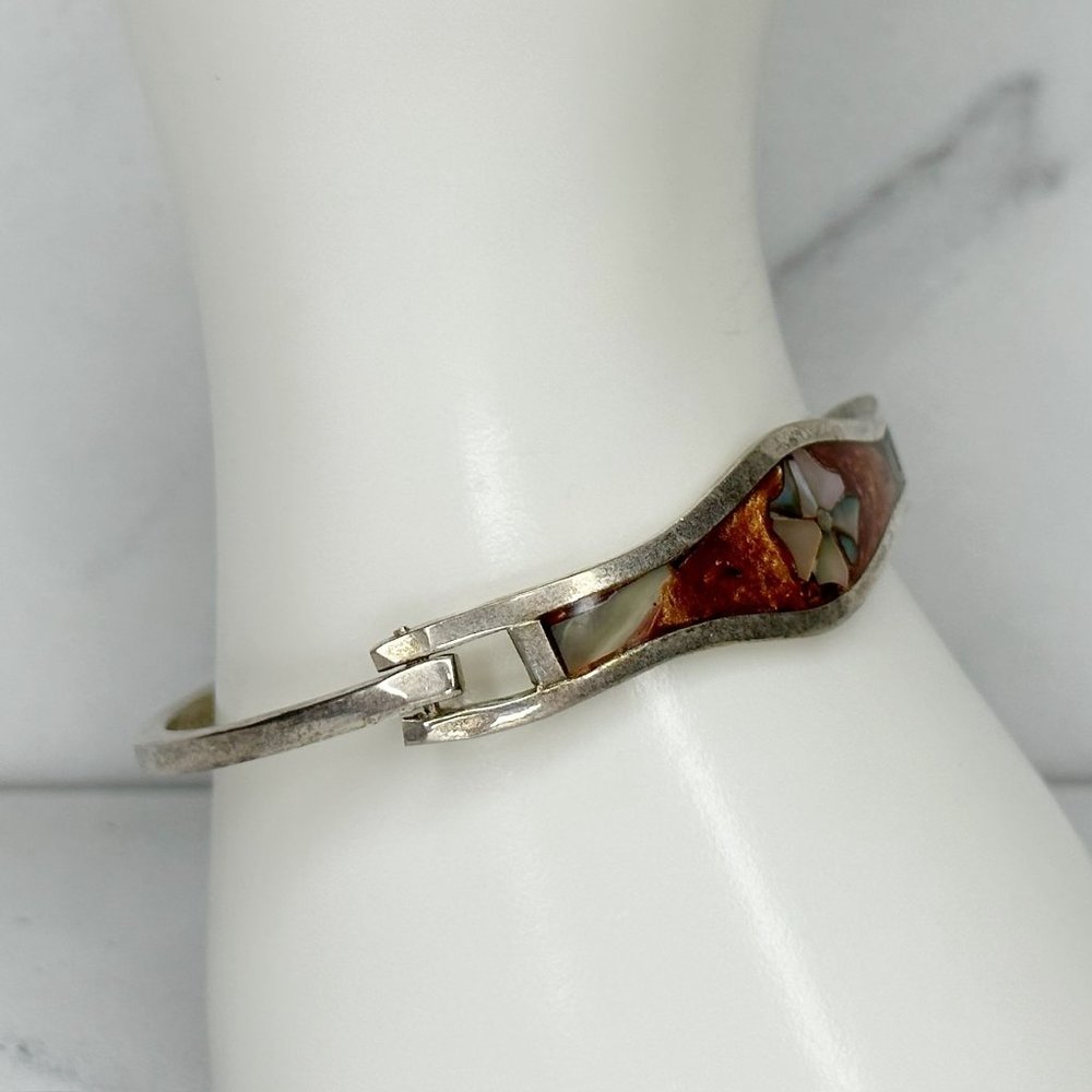 Vintage Mexico Silver Tone Abalone Shell Flower Inlay Hinge Bangle Bracelet - Picture 11 of 11